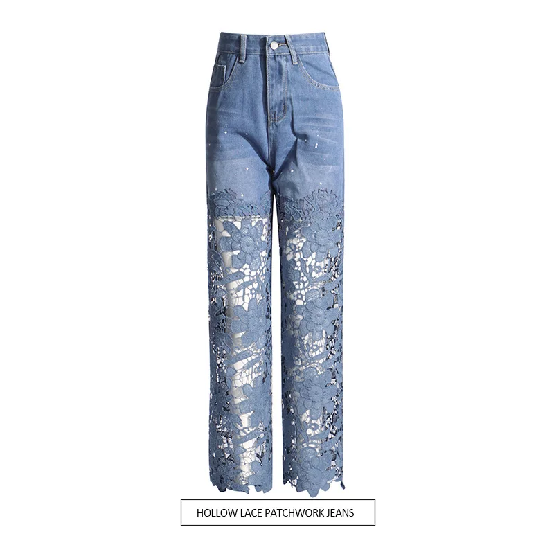Women High Waist Hollow Straight Jeans 2026 New Niche Spliced Lace Design Fashion Temperament Versatile Commuter Denim Pants
