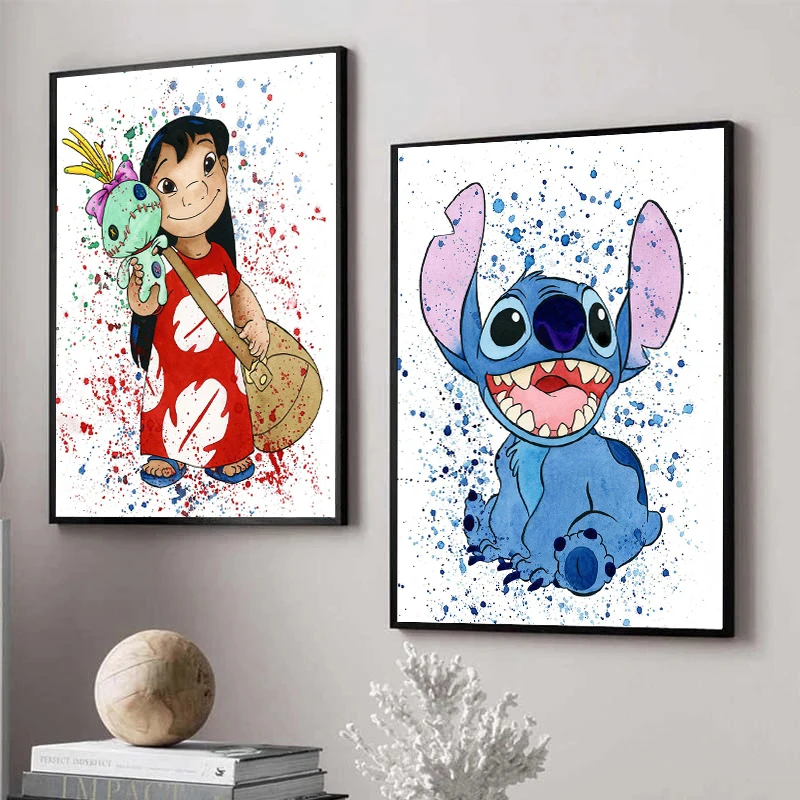 MINISO Disney Stitch Watercolor Wall Art Poster Angel Lilo Cartoon Graffiti Art Canvas Painting Print kids Room Mural Home Decor