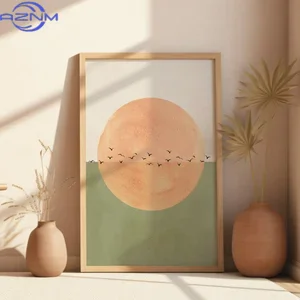 Japanese Rising Sun & Bird Landscape Canvas Printing Minimalist Mid-century Wall Art Posters for Modern Living Room Home Decor