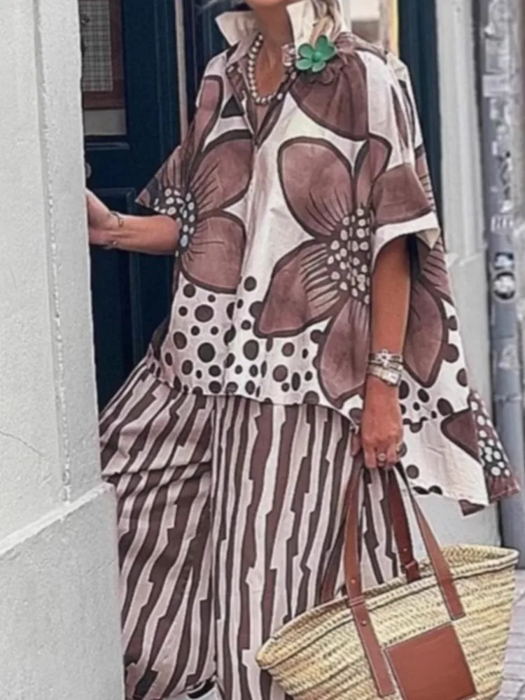 

Two Piece Sets Women Summer Print Loungewear Long Pants Set 2025 Vintage Short Sleeve Shirt Loose Wide Legs Trousers Set Outfit