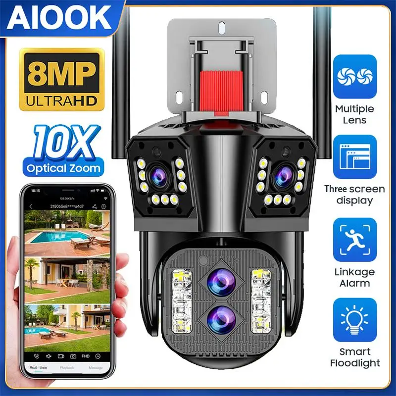 

AIOOK 10x Zoom 4 Lens HD 8MP Security Camera WIFI IP CCTV Outdoor Waterproof Two-Way Intercom Night Vision Camera AI Monitor