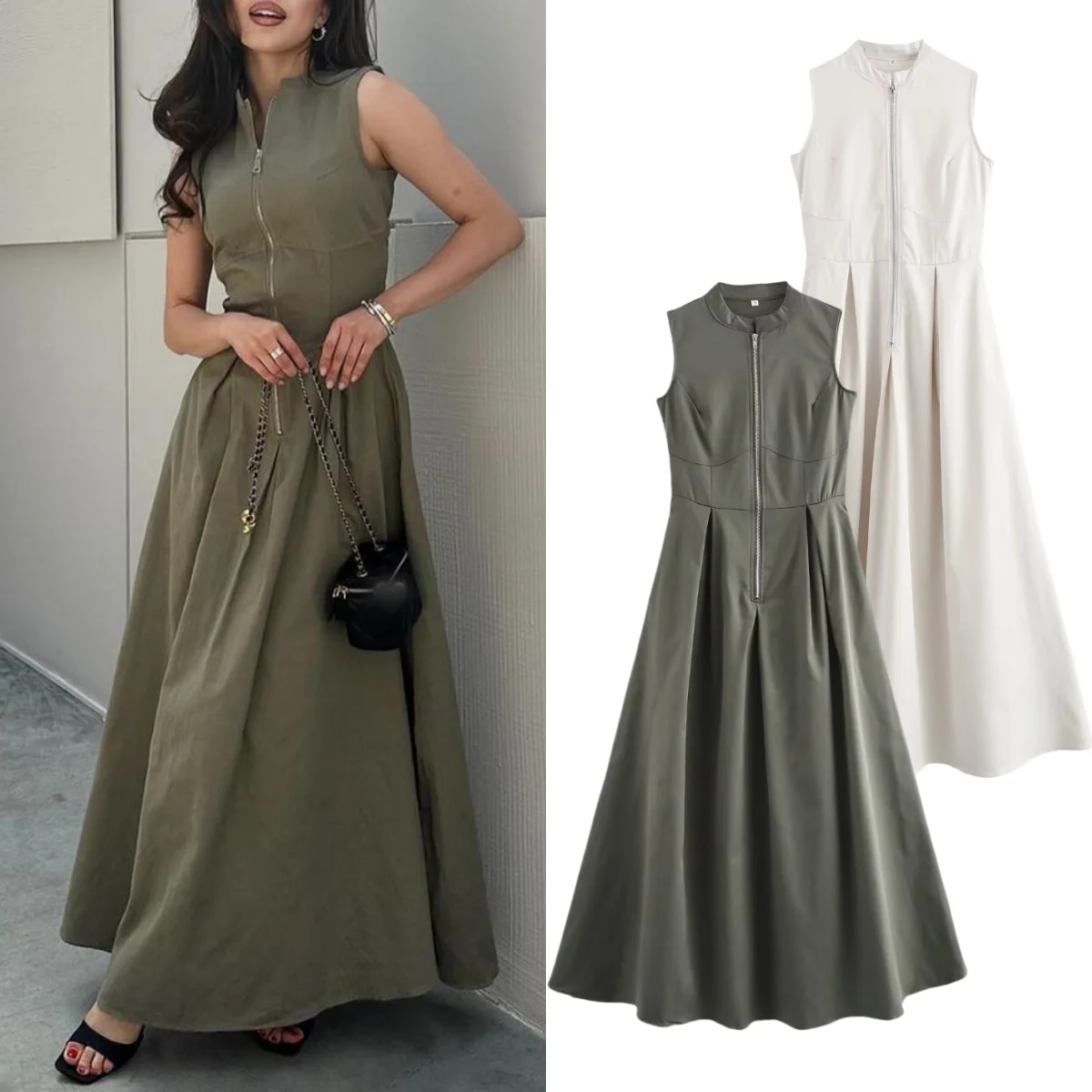 

TRAF Women's Elegant Solid Color Sleeveless Long Dress Fashion V-neck Zipper Slim Dress 2024 Summer Office Ladies Commuter Robe