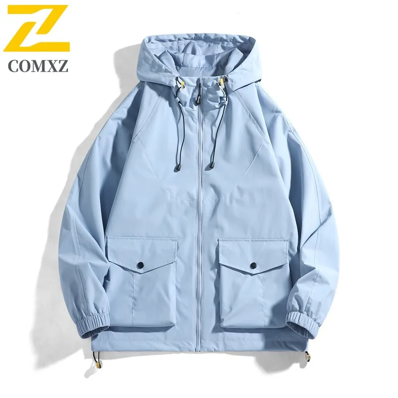 

COMXZ Мужская ветровка, свободная универсальная походная дышащая куртка с капюшоном для путешествий, университетская куртка 2025, износостойкое пальто для кемпинга