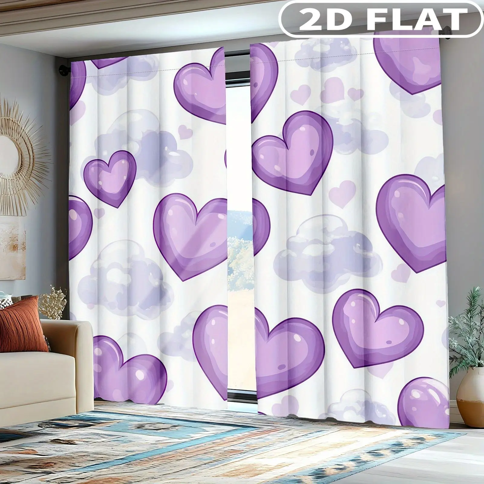 

2pcs Curtains Purple Hearts On White Background for Balcony, Bedroom, Study, Living Room, for Spring & Summer Machine Washable