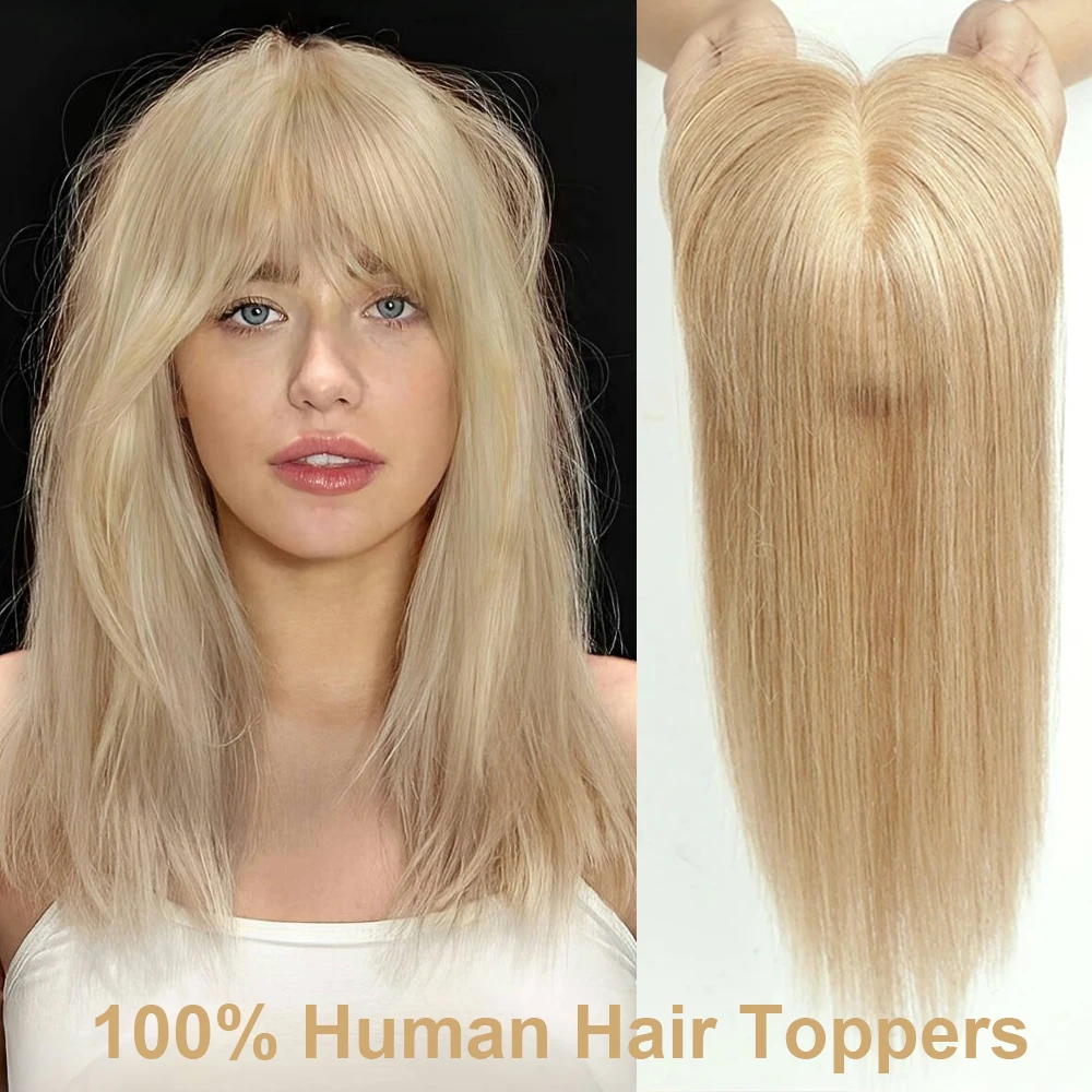 Human Hair Toppers with Bangs Blonde Real Remy Hair Topper Silk Base Clip in Hair Pieces for Women Afro with Thinning Hair Wig