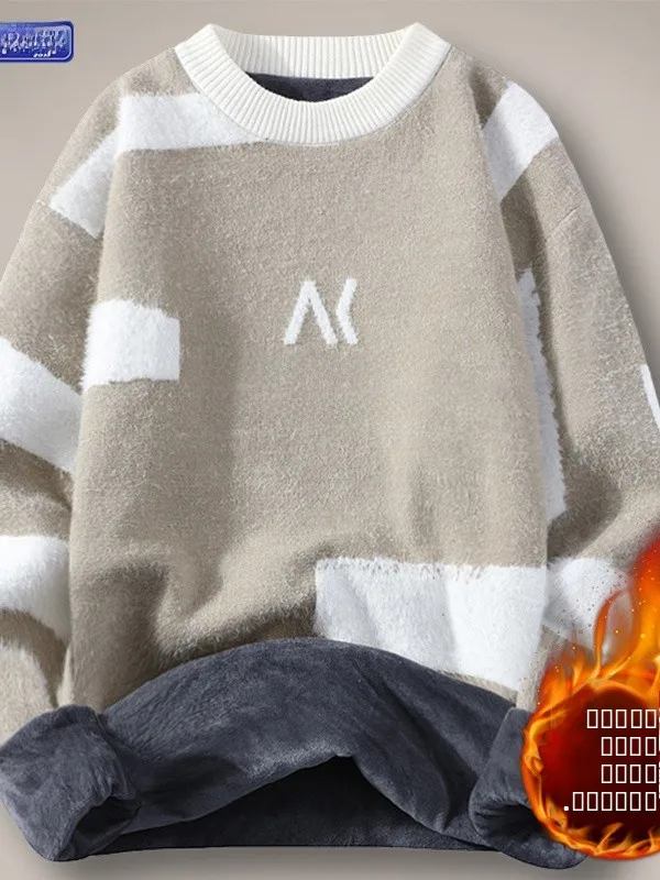 

Men's Fce Lined Thiened f High Collar Knitted Sweater Winter Warm Faionable Casual Print Loose Fit Long Sve Top