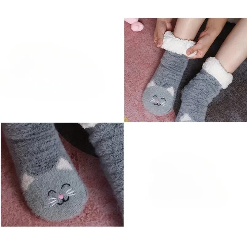 퍼지 보온 양말 여성 겨울용 따뜻하고 재미있는 곰 고양이 귀여운 카와이 미끄럼 방지 만화 수면용 부드럽고 편안한 여성용 바닥 슬리퍼 양말