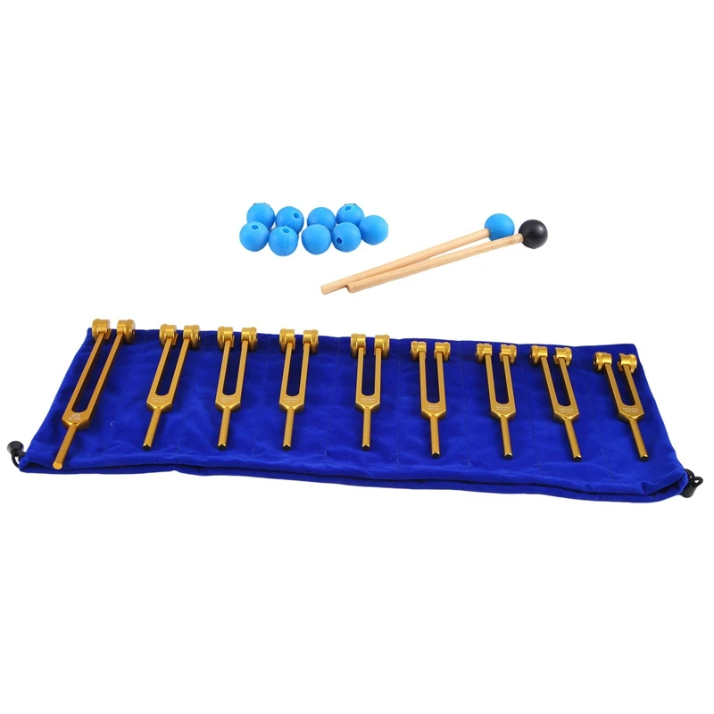 Juego de diapasones de 9 piezas con martillos para curación, terapia de sonido, meditación, yoga, alivia el estrés, duradero, fácil instalación, dorado