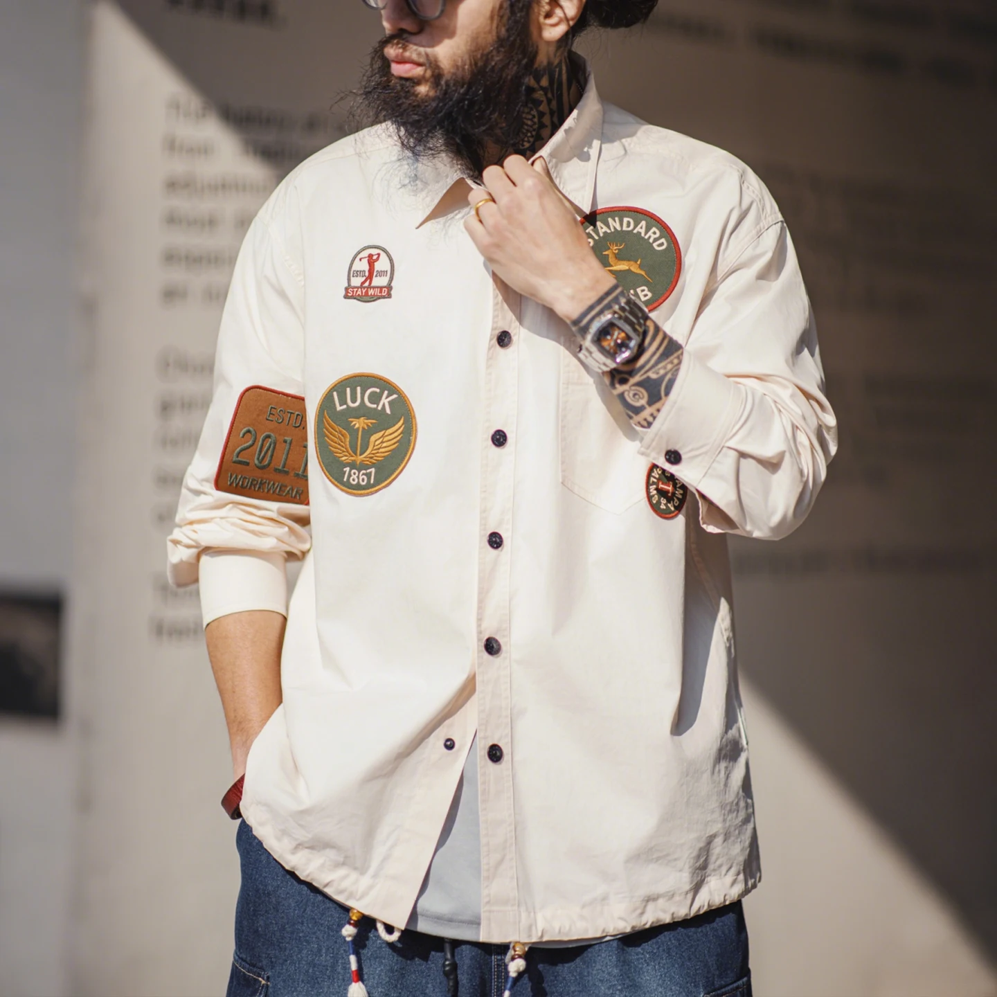 Maden Men's Patch Embroidery Shirt Jacket Loose Fit Cotton Long Sleeve Overshirt Vintage Workwear Casual Spring Off White