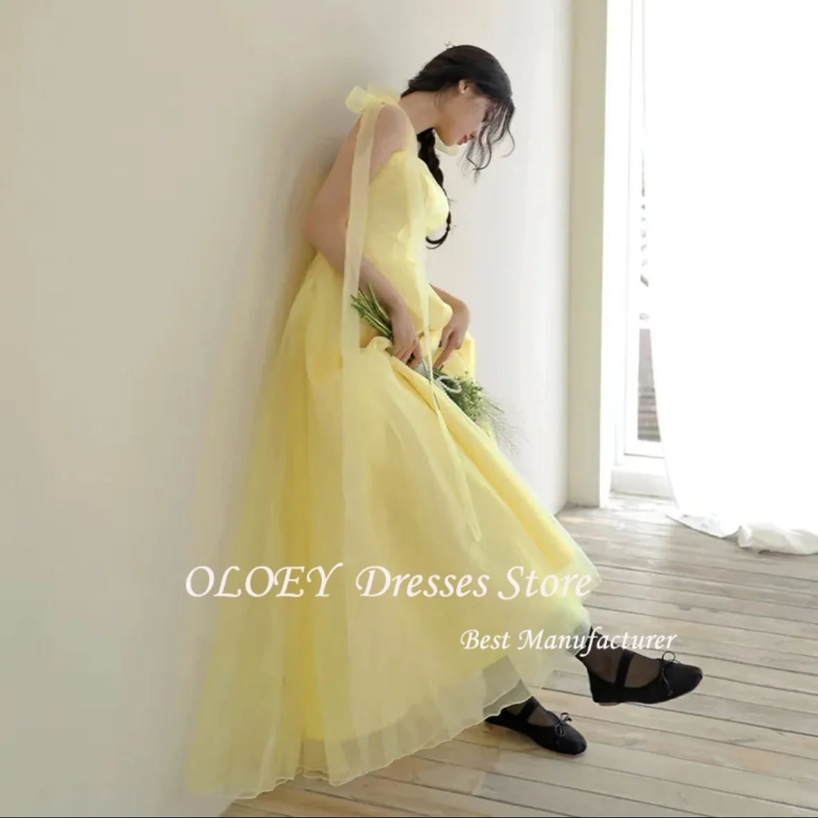 OLOEY Yellow Tulle Evening Dresses Korea Wedding Photo Shoot Customized Garden Off Shoulder Corset Back Prom Dress Floor Length