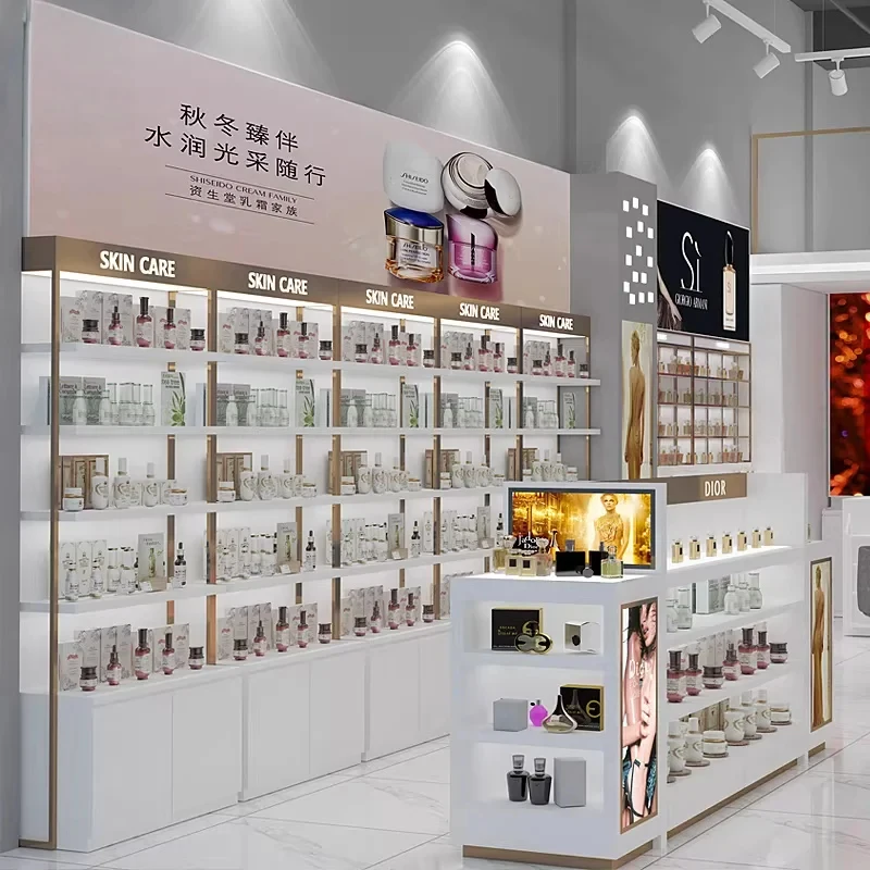 custom.High Quality Perfume Design Wood Shelves Cosmetic Shop Furniture Beauty Display Rack Shelves Skin Care Product