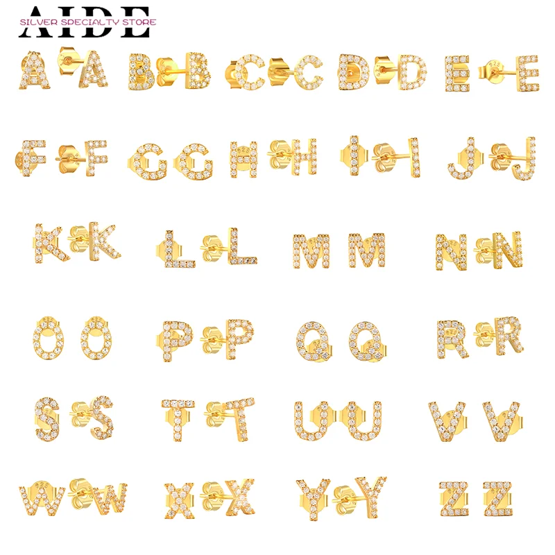 

AIDE 925 Sterling Silver Dainty Minimalist 26 Letters Stud Earrings For Women European English Initials Small Ear Studs Jewelry