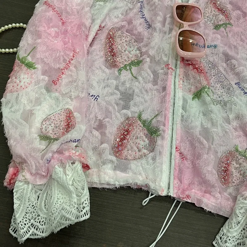 2025 Summer New Tassel Heavy Industry Hot Diamond Strawberry Long Sleeve Fashion Casual Style Shirt Top Hooded Shirt For Women