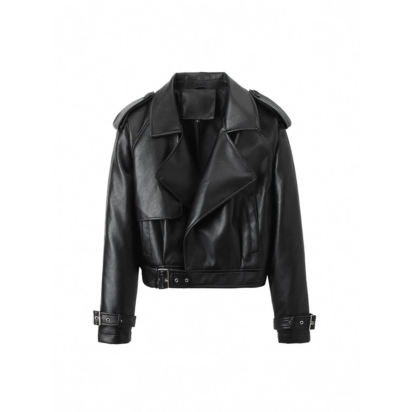 Giacca in Pelle PU da Donna Vestibilità Ampia, Collo Risvoltato, Senza Marchio Registrato, Moda Primavera 2024