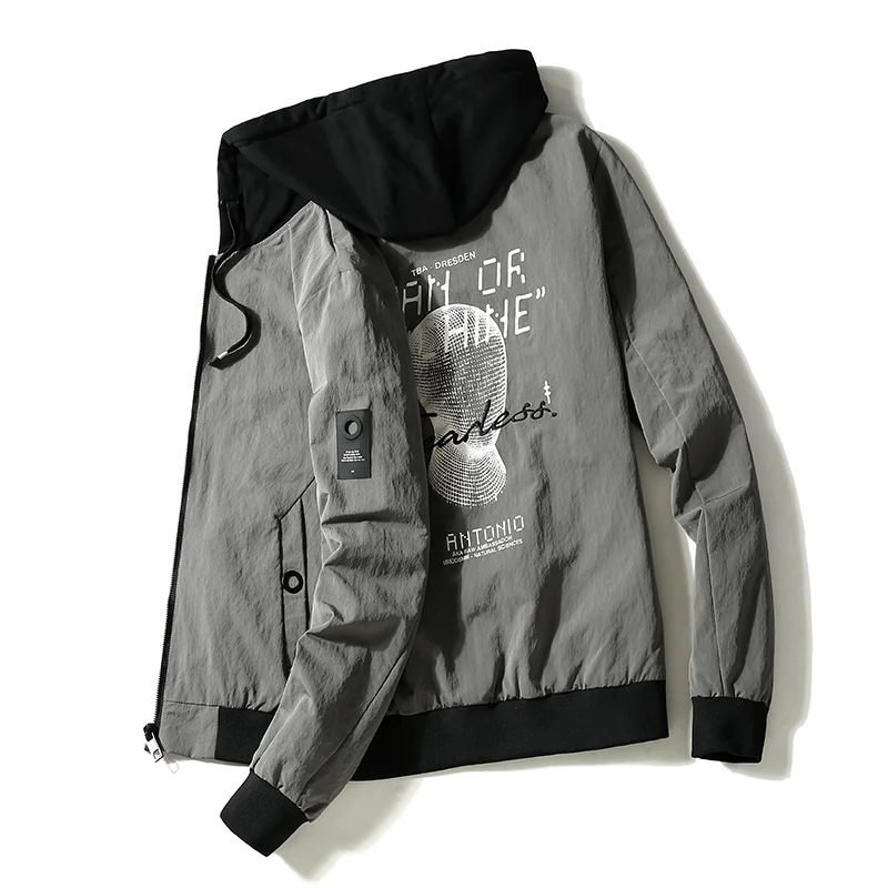 

Trendy Korean Sle Men's Jaet Spring Autumn Slim Fit Hooded Printed Outerwear Polyester Geometric Pattern Long Sve