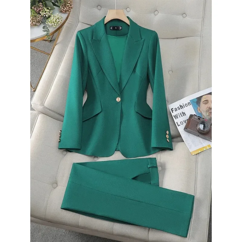 High Quality Green Pink Black Ladies Blazer Pant Suit Women Female Business Work Wear Solid Jacket and Trouser 2 Piece Set