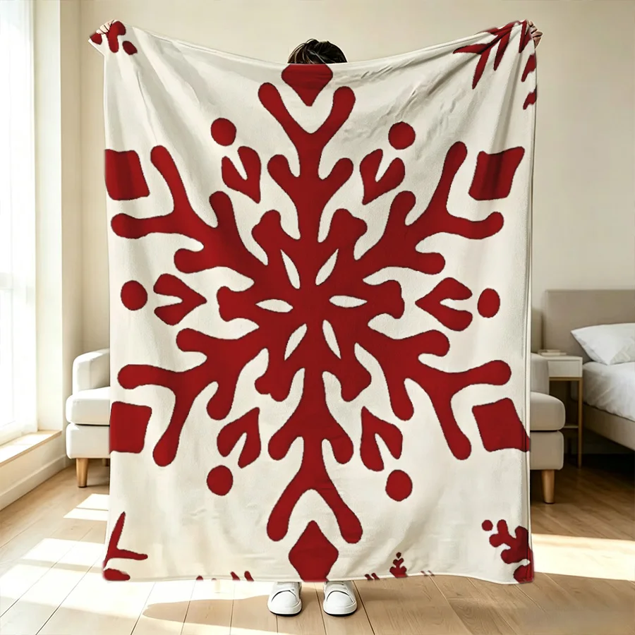 Vintage Christmas White Red Snowflake Flannel Throw Blanket, 2D Flat Single-sided Printed Soft Holiday Decorative Blanket