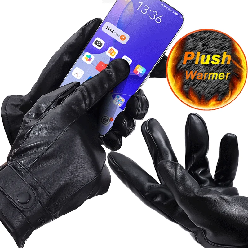 

Men's Gloves Black Winter Mittens Keep Warm Touchscreen Windproof Plush Velet Cycling Glove Woman PU Leather Gloves Business