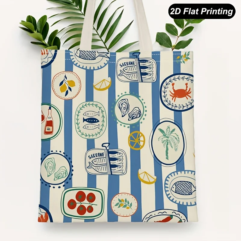 Seafood Sardine Blue Stripes Handbag Versatile Double Sided Printed Handbag Storage Bag Reusable Grocery Shopping Bag