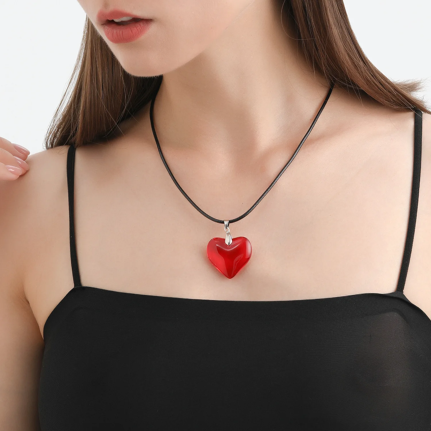 Red Heart Pendant Necklace For Women Girls Glass Crystal Necklace Black Leather Rope Chain Necklaces Y2k Jewelry Friends Gift image 2