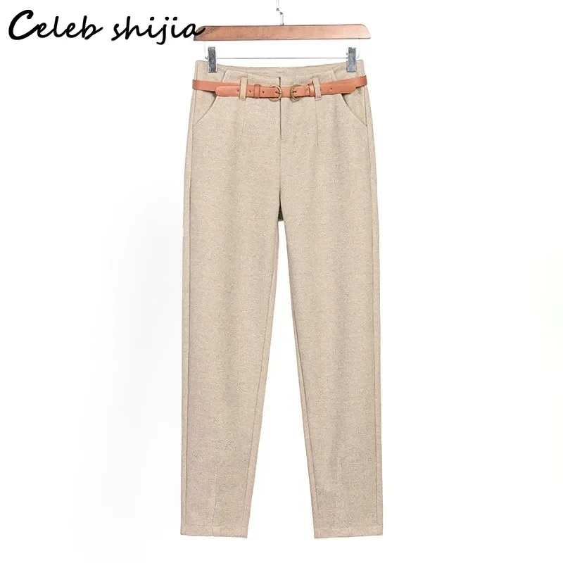 Chic Woman's Woolen Pants with Belt High Waist Gray Vintage Bottom Autumn Winter Harem Pants Female Korean Work Trousers Mom