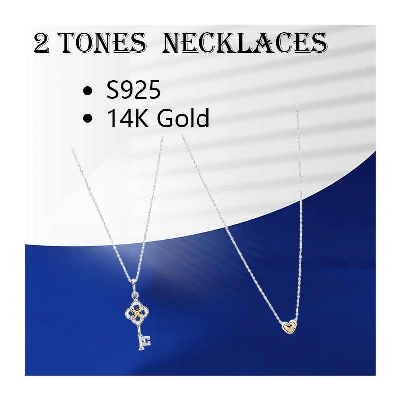 

2 Tones Pendants Neckalces For Women 14K Gold 585 Silver 925 Original Jewelry 70cm Link Chain Key Flower 45cm Choker Domed Heart