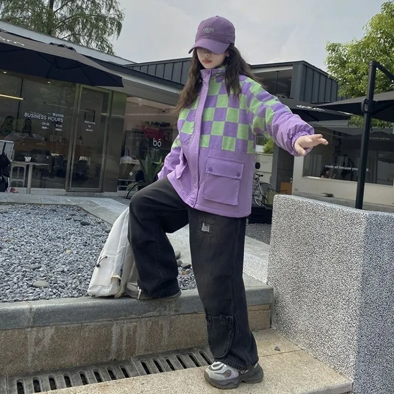 2025 New Style Autumn Girls' Quilted Windbreaker Coat Medium Large Kids Plaid Colorblock Stylish Warmth Outdoor Jacket