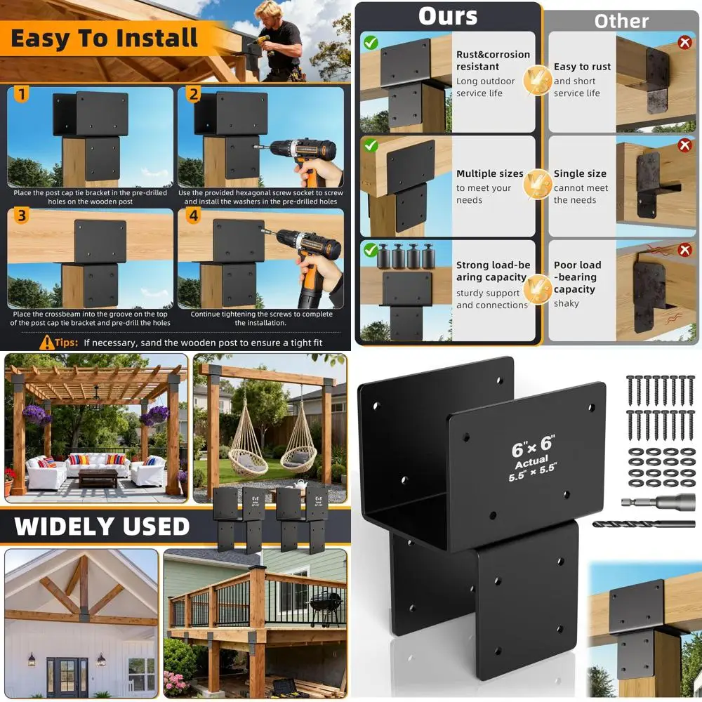 

Колпачки стойки 6x6 из нержавеющей стали для деревянных балок, сверхпрочные соединители для перголов, бесед, палуб и крыльев — черные
