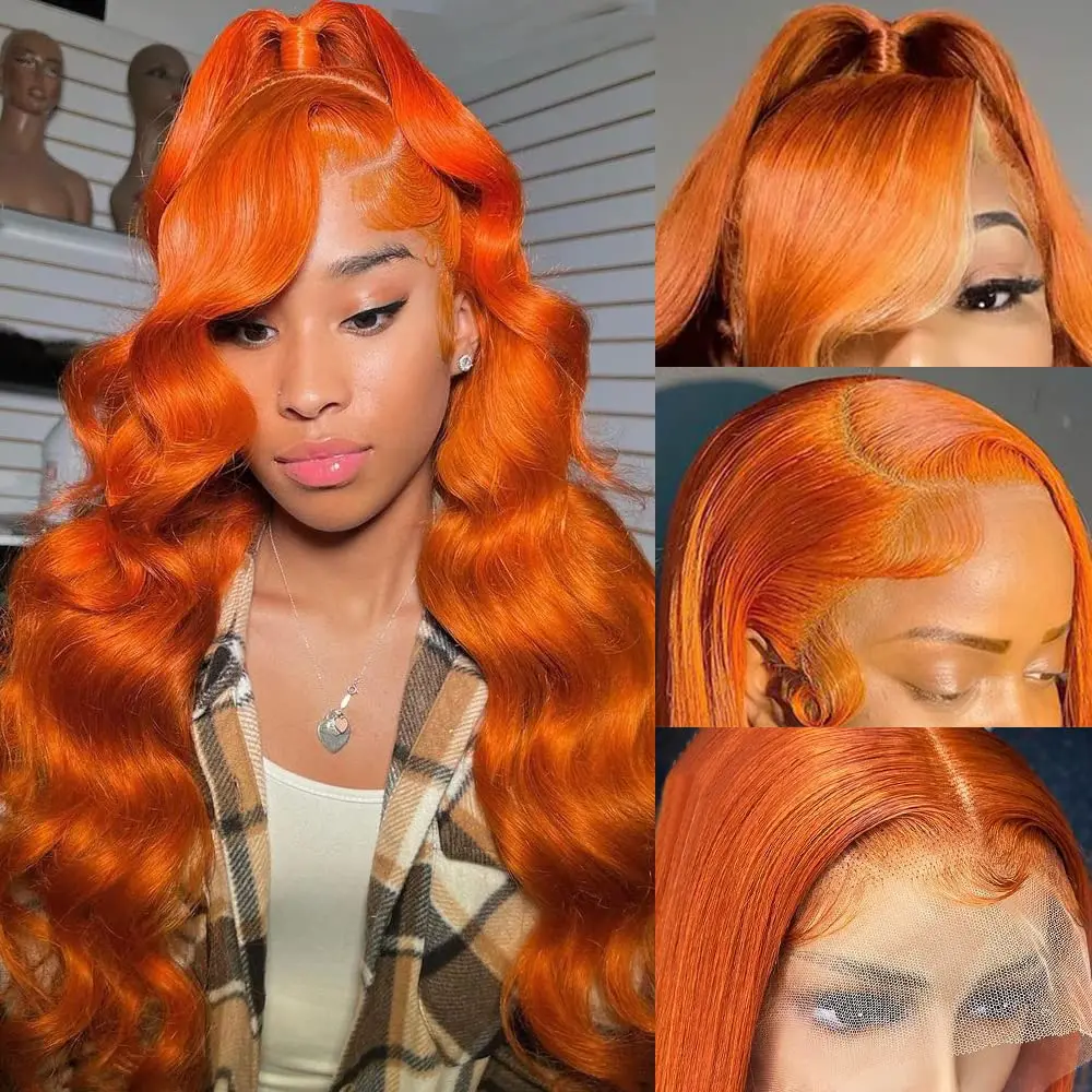 24Inch Ginger Lace Front Wigs Human Hair Pre Plucked 13x4 Body Wave Wigs Human Hair 350# Orange Ginger Body Wave Wigs Human Hair