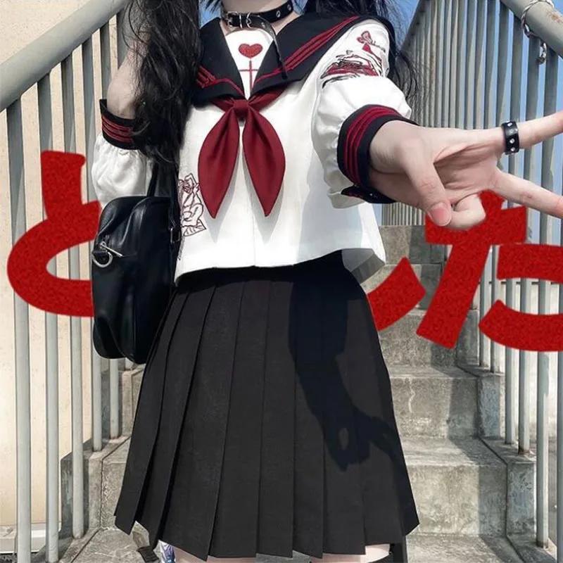 Japanese School Dark JK Uniforms Butterfly Embroidered Sailor Shirt Black Pleated Skirt Punk Girl 2pcs Suit Cross-dressing COS