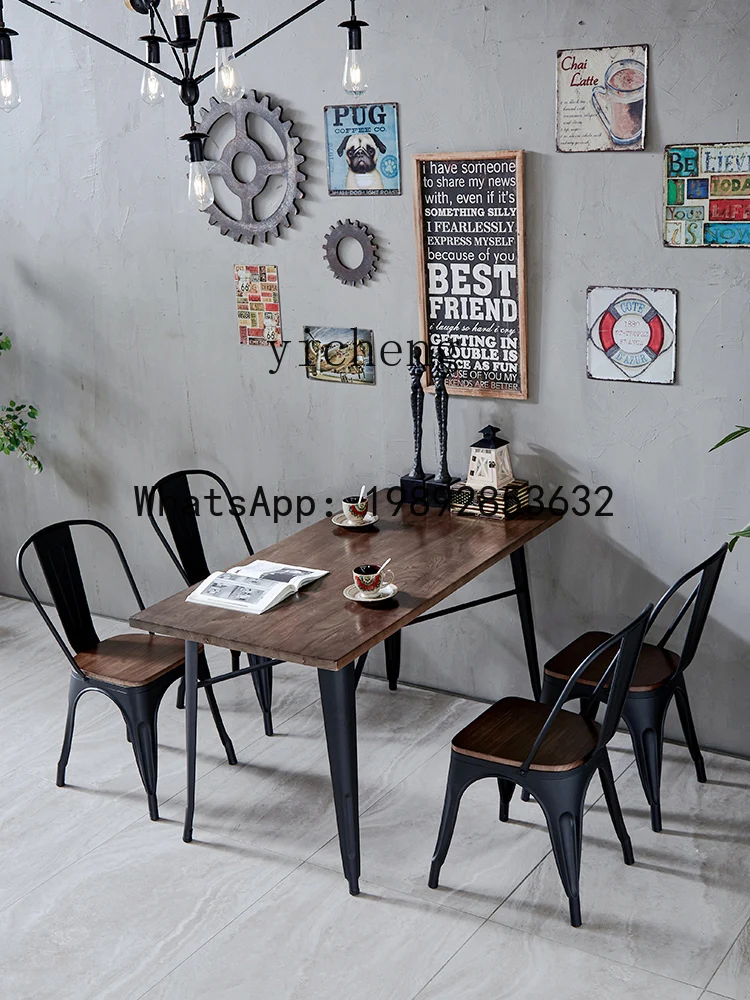 Industrial Style Solid Wood Dining Tables and Chairs Set Cafe Bar Retro Iron Art Dining-Table Chair