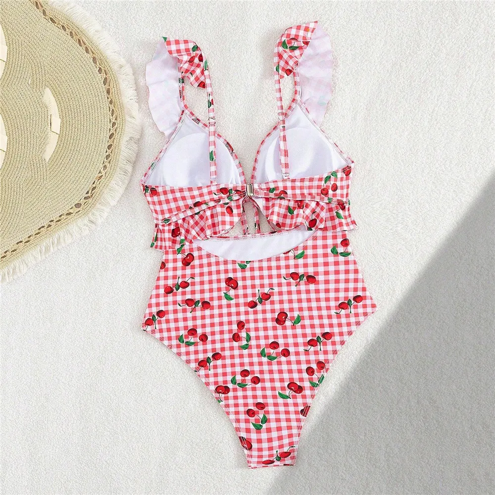 Sweet Pink Cherry Plaid Print Swimwear Ruffled One Piece Sexy Swimsuit Woman 2026 Hollow Out Monokini Swimming Bathing Wear Suit