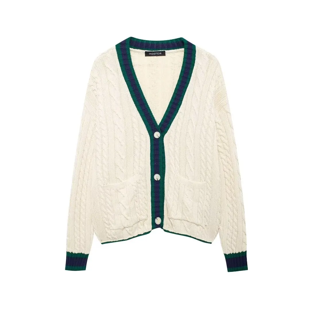 PB & ZA-Cable Rope Pattern Knitted Cardigan Sweater for Women, Casual Female Outerwear, Chic Tops, New Fashion, Autumn, 2024