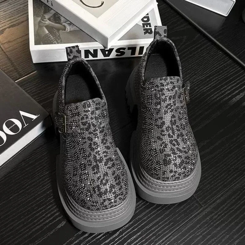 

Women's 2025 Early Spring Leather Loafers Single Shoes Petite Height Increasing Thick Platform Sole Rhinestone Leopard Print