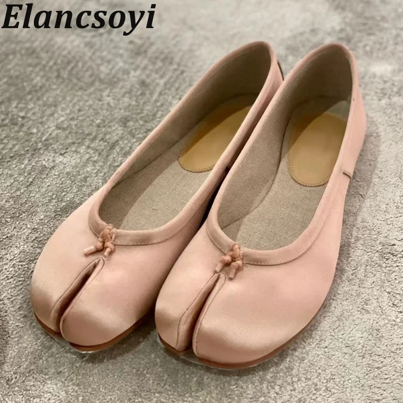 Round Toe Satin Silk Loafers Women\'s Split Toe Flat Bottom Dou Dou Shoes Female Spring Autumn Soft Sole Comfortable Ballet Shoes