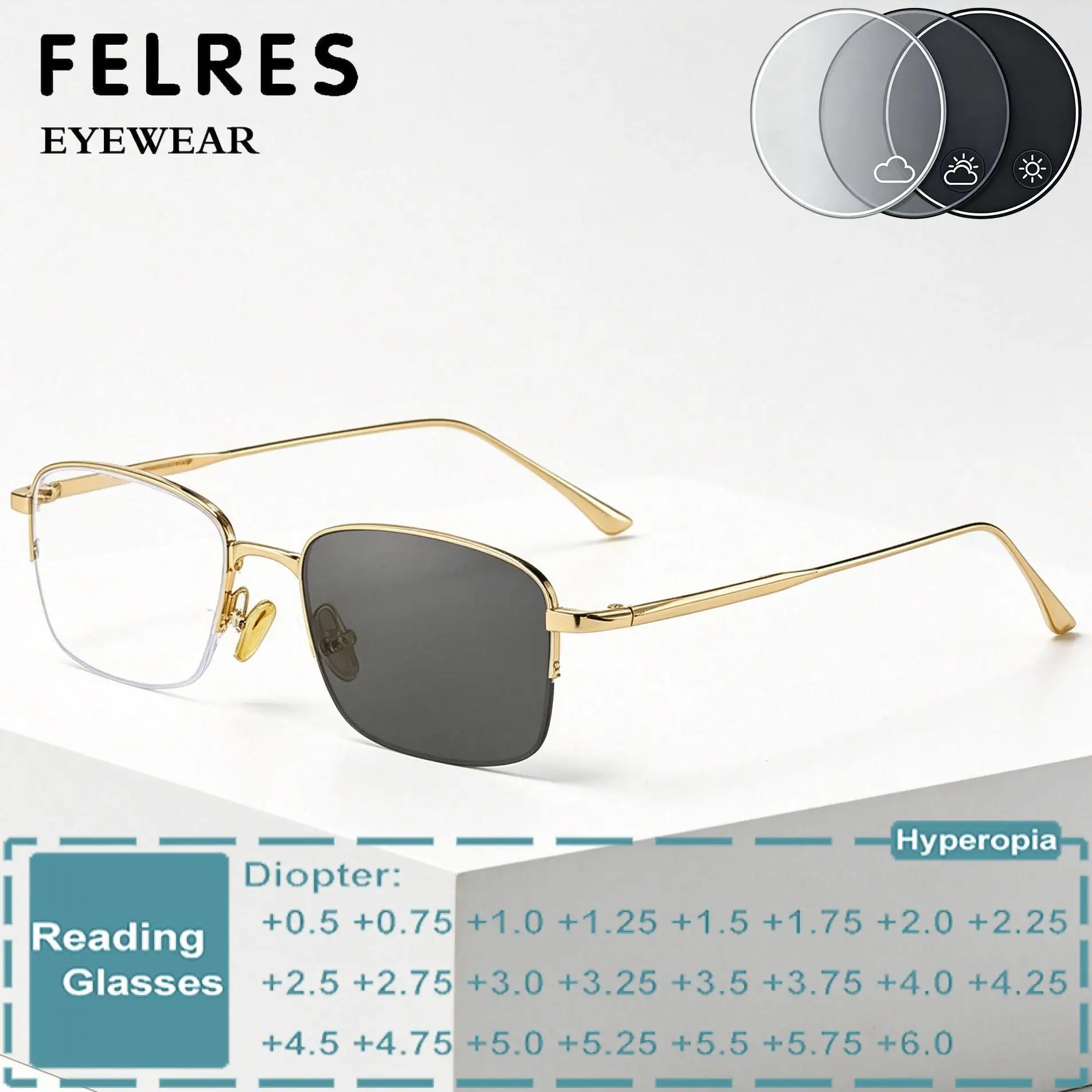

﻿Trendy Half Frame Alloy Photochromic Reading Glasses Men Women Sun Discolour Presbyopic Eyewear Prescription Optical Glasses