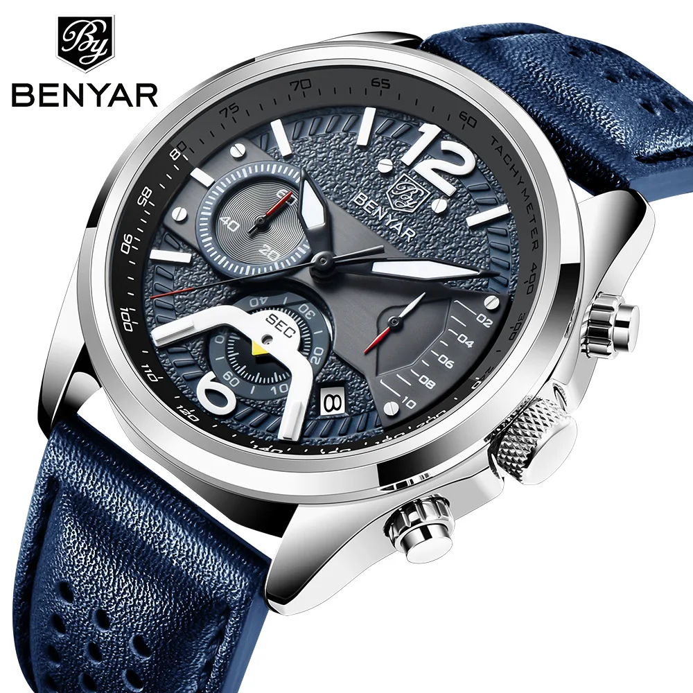 BENYAR Mens Quartz Watch Multi-Function Chronograph Sport Waterproof Wristwatch Relogio Masculino