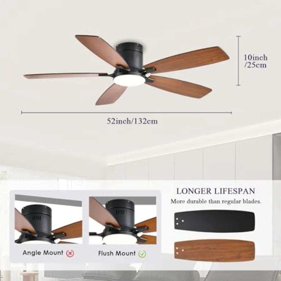Bedroom ceiling fan with light: 52-inch low-profile flush mount, brown finish, reversible motor, dimmable LED, noiseless operat