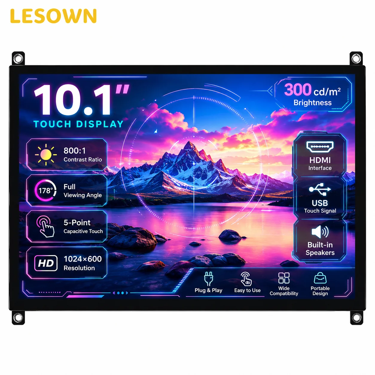 LESOWN Integrated Display Module 10.1 inch IPS Panel P+G Touch HDTV No Driver for AIDA64 PC Case Sub Screen