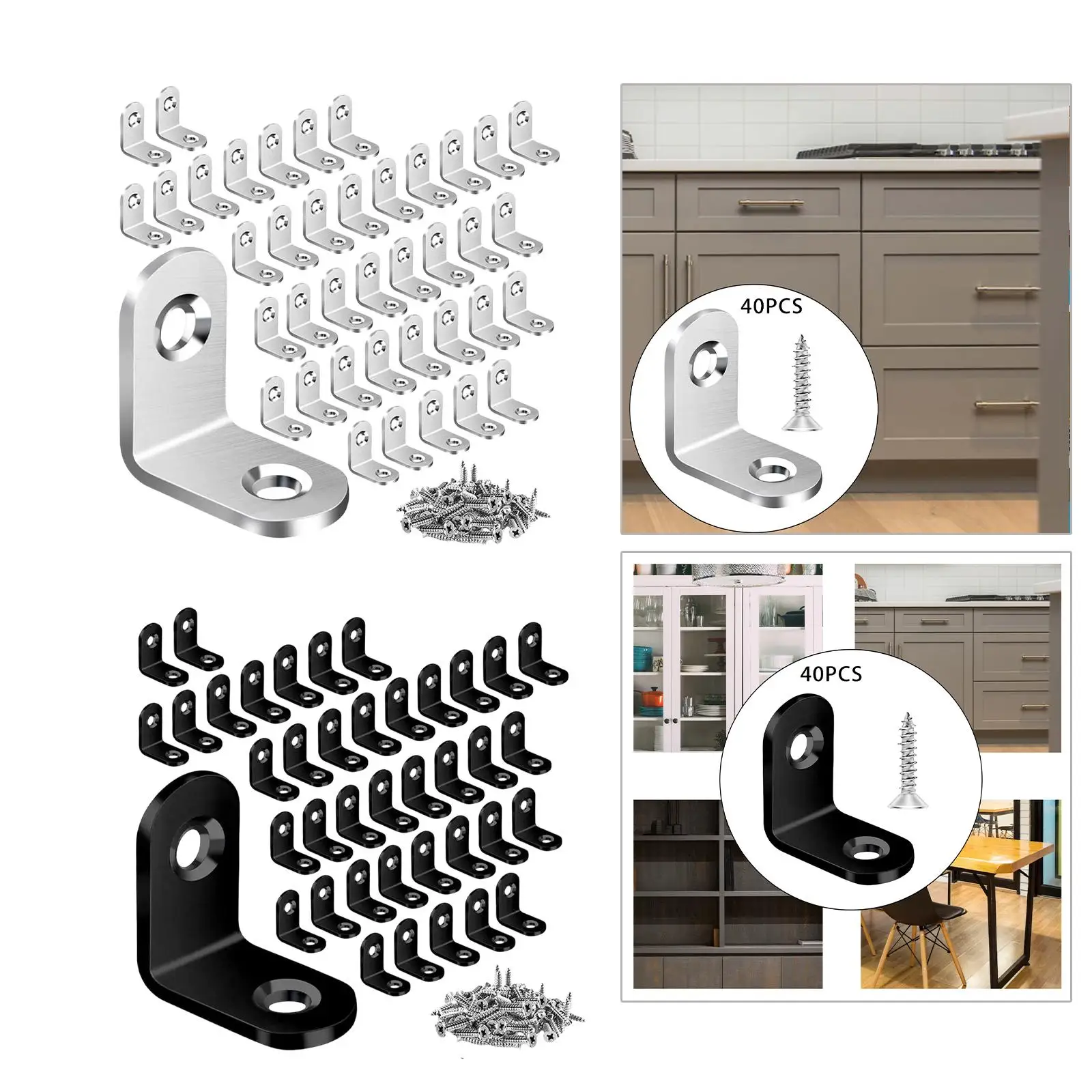 

40Pcs L Bracket Corner Bracket, Stainless Steel 90 Degree Right Angle Bracket for Wooden Tables, Cabinet, Shelves