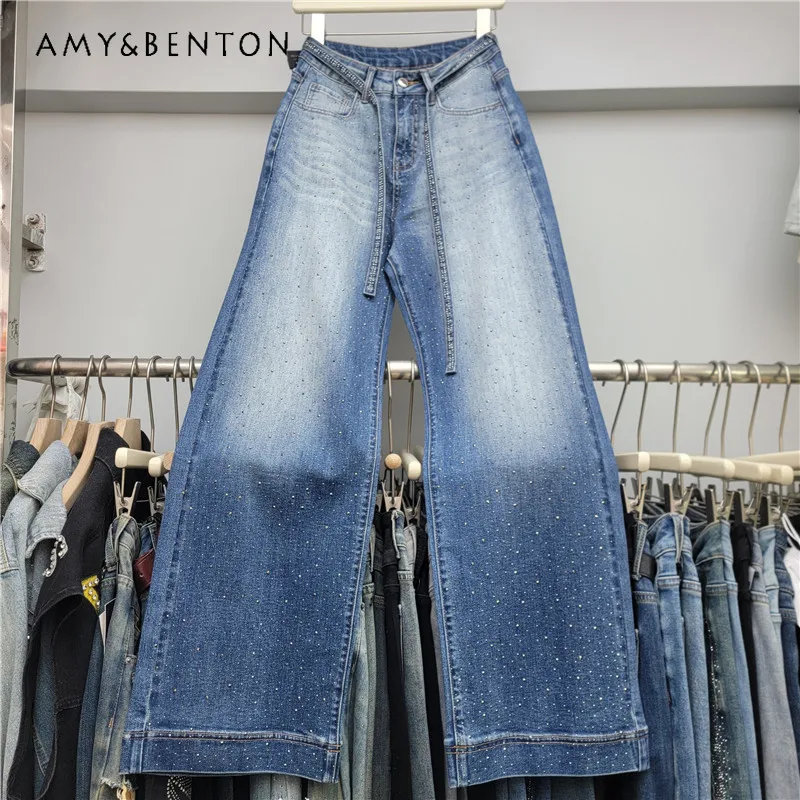 

Vintage Rhinestone High-Waisted Wide-Leg Washed Jeans For Women's Spring New Loose Casual Straight-Leg Floor-Length Denim Pants