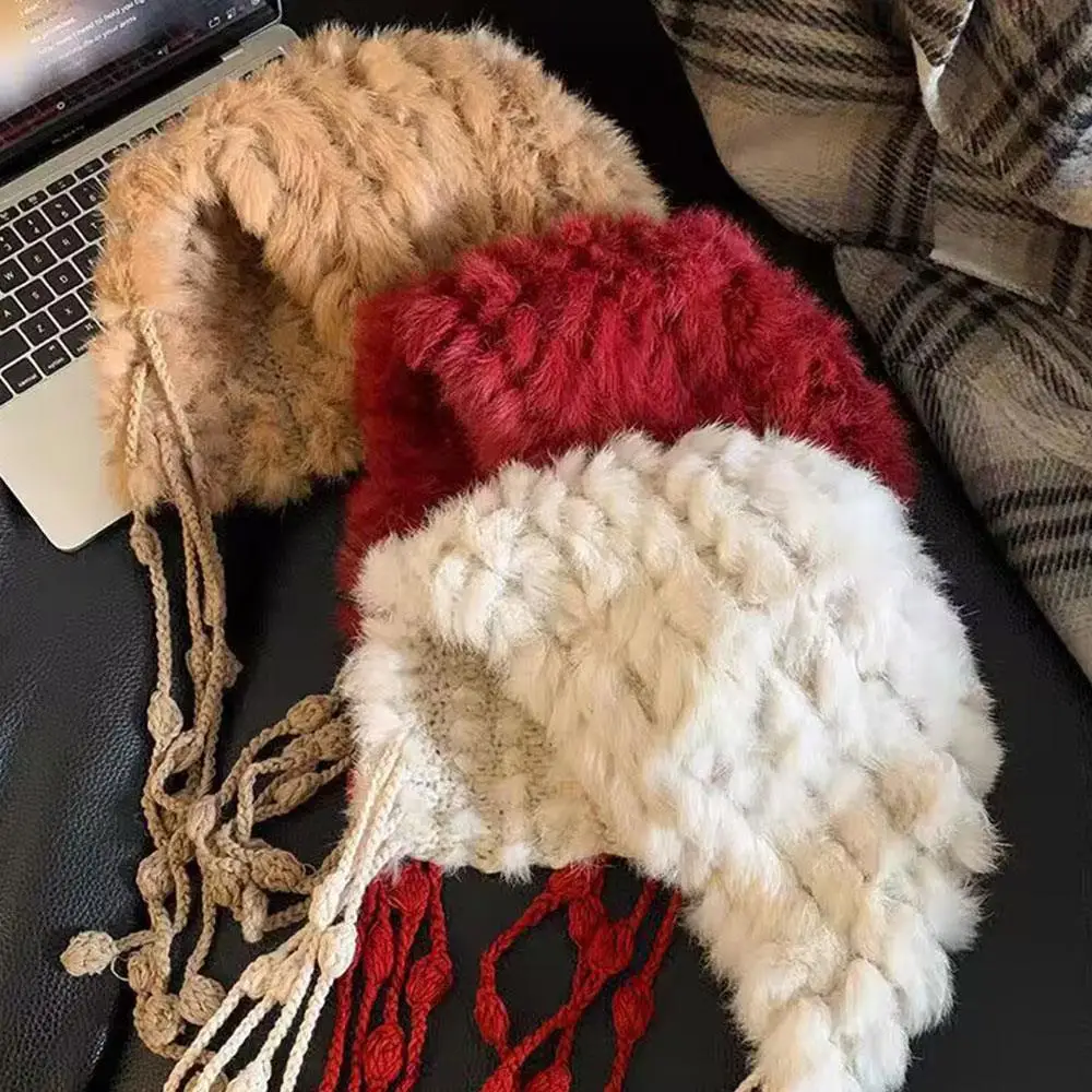 

Шапка из искусственного кроличьего меха Утолщенные плюшевые шапки Шерстяные шапки Симпатичная вязаная шапка с кисточками Теплая защита ушей Модные вещи Мягкие плюшевые шапки