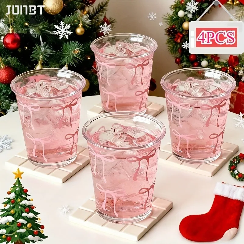 

Cute Bow Glass Water Cup Transparent Bow Glasses Drinkware Cup Striped Doodle Coffee Mug Household Fruit Tea Lemonade Girls Gift