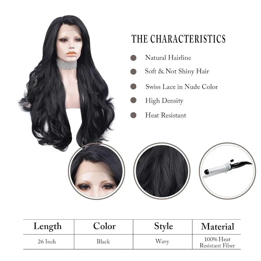 IMSTYLE 26 بوصة أسود الدانتيل شعر مستعار أمامي طبيعي طويل متموج شعر مستعار اصطناعي لحفلة تنكرية للهالوين زي الحدث المرحلة لكل #5