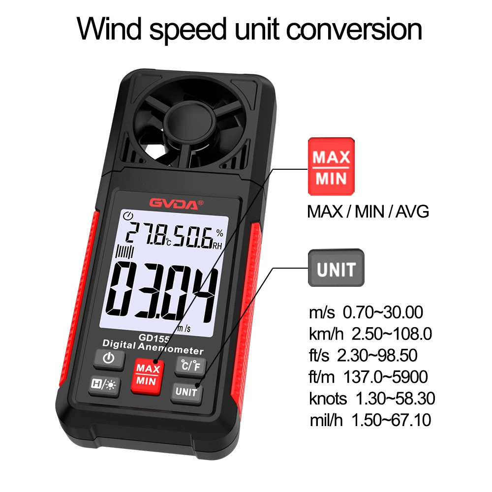 GVDA Digital Anemometer Portable Wind Speed Meter Windmeter LCD Backlight Display Temperature Humidity Meter Air Velocity Gauge