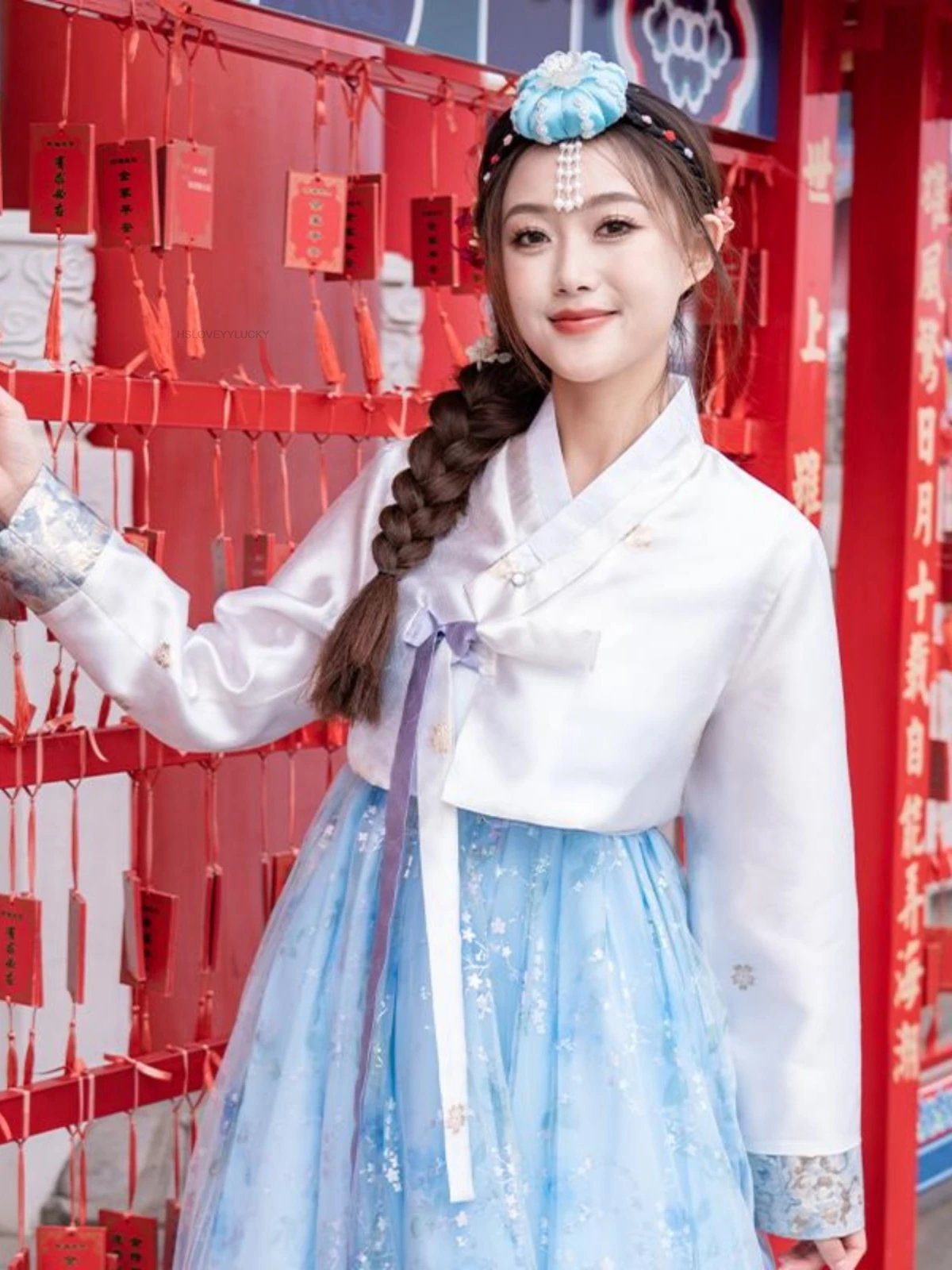 Traditional Korean women's Hanbok With Blue Sequins Ancient Costume For The Korean Nationality  Gauze Dance Performance Outfit