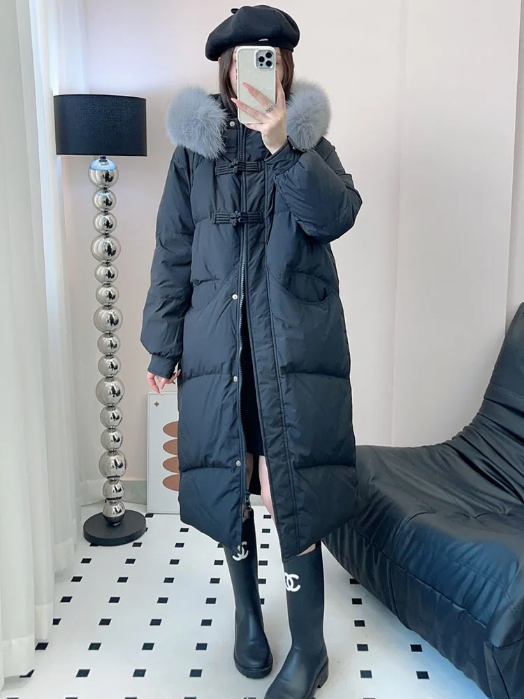 Korean  Big Real Fox Collar 90% White Duck Down Jacket Women\'s Winter New Solid Color Casual Long puffer Warm Coat For Fashion