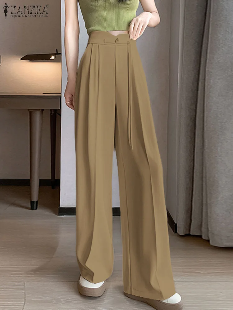 

ZANZEA Holiday Pocket Pants Fashion Wide Leg Long Pants Korean Solid Pleating Trousers Casual Loose 2024 Summer Swing Pantalons