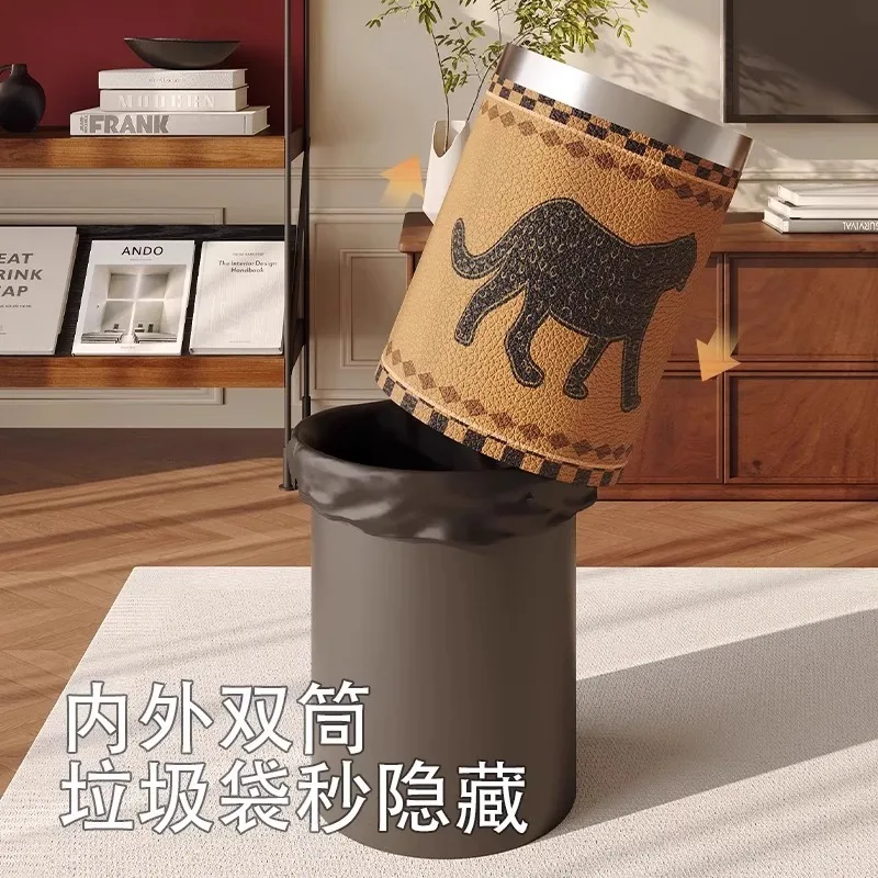 Green medieval leather trash can, home living room, light luxury, high-end large-capacity American high-value toilet paper baske