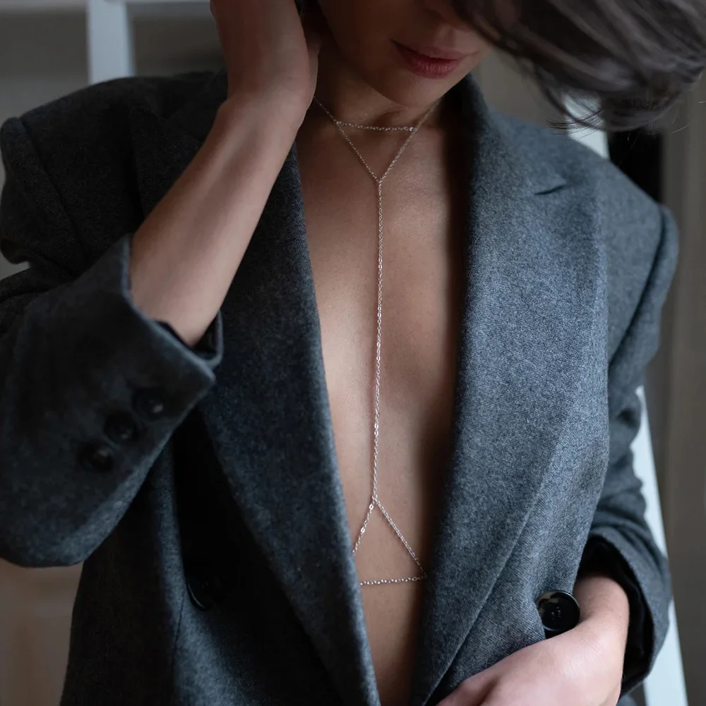 

Stonefans Sexy Geometric Bra Chain Chest Bikini Intimate Lingerie Simple Design Rave Top Metal Body Chain Harness Party Jewelry